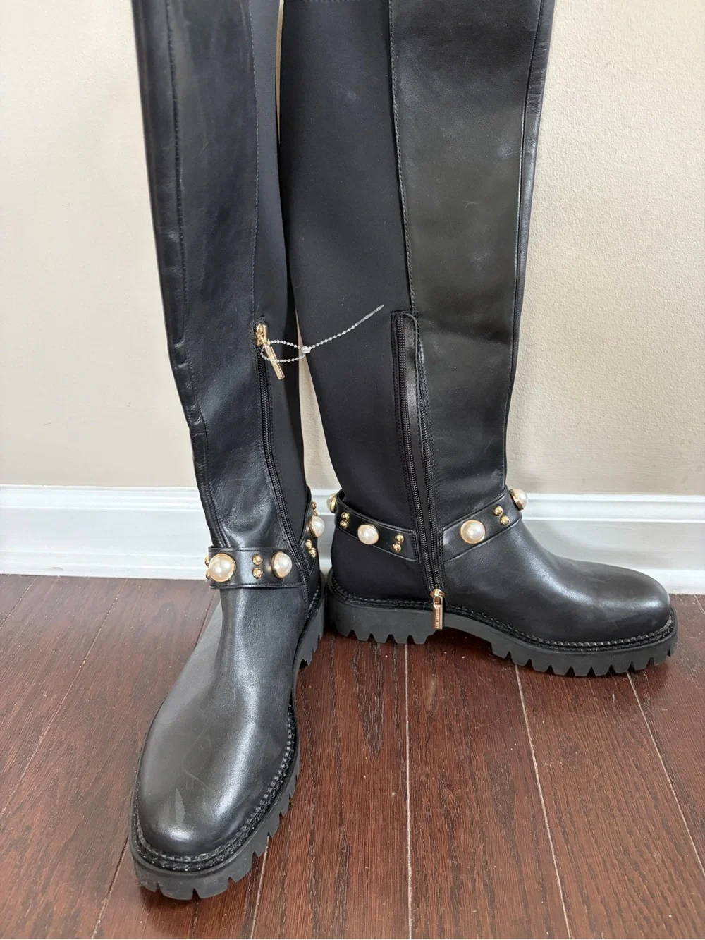 Bougie Black Pearl-Studded Karl Lagerfeld Leather Knee-High Combat Boots - NEW 8